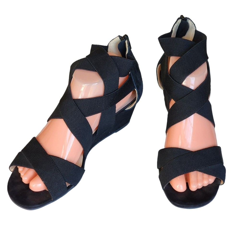 Isaac Mizrahi Black Sandals Stretch Cross Band 9.5M low Wedge Strappy Zip back